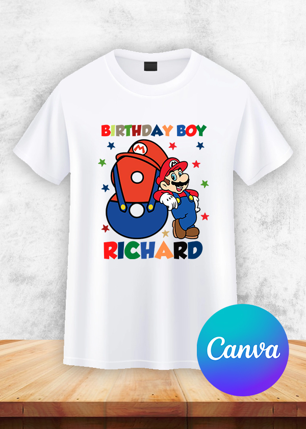 Personalized Mario 8th Birthday Shirt CANVA Editable PNG Digital Download