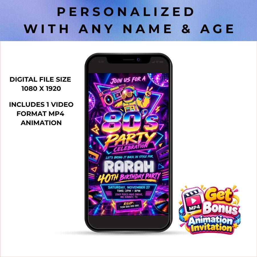 Personalized 80s Retro Birthday Party Invitation & Animated Video | Neon Synthwave 40th Digital Evite
