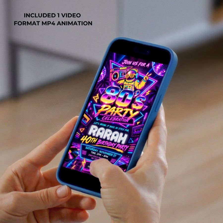 Personalized 80s Retro Birthday Party Invitation & Animated Video | Neon Synthwave 40th Digital Evite - Image 2