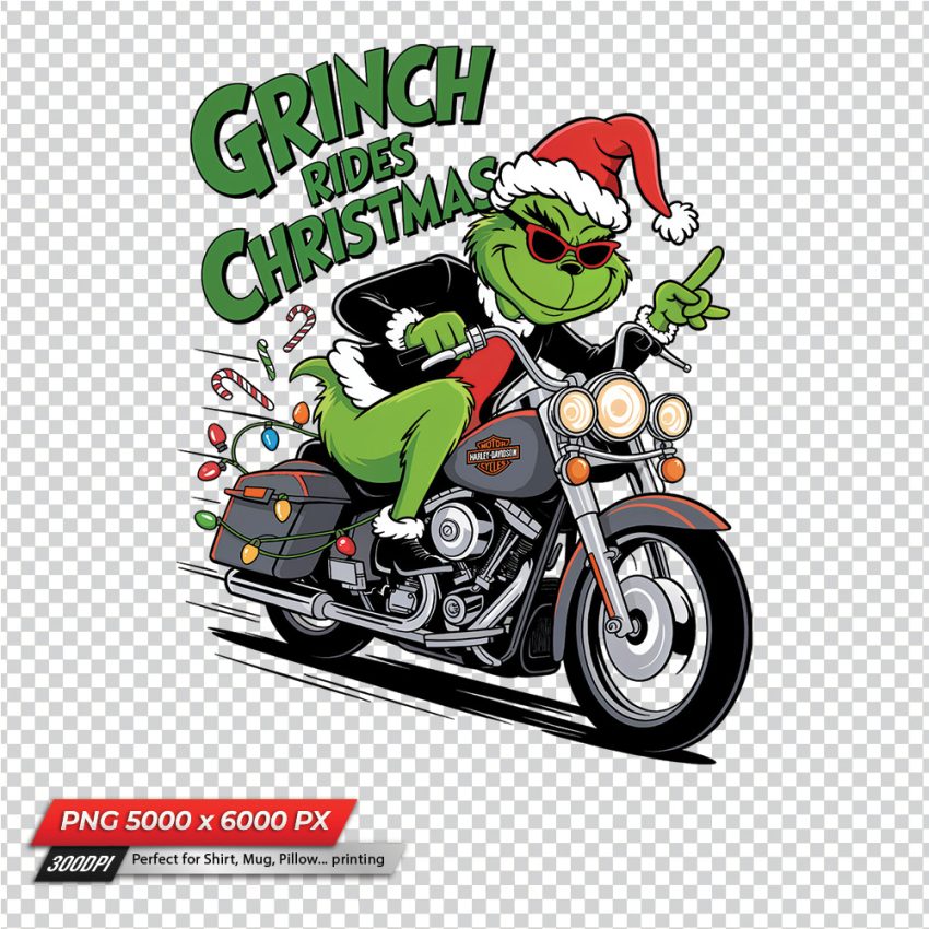 Grinch Ride Harley Davidson to the Christmas sublimation PNG