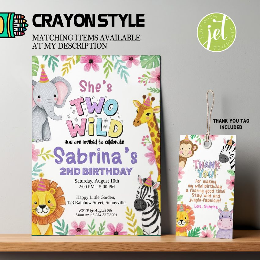 Editable Two Wild Birthday Girl Invitation Crayon Style, Jungle 2nd Birthday Girl, Safari Two Wild Birthday Invitation Crayon Style Template