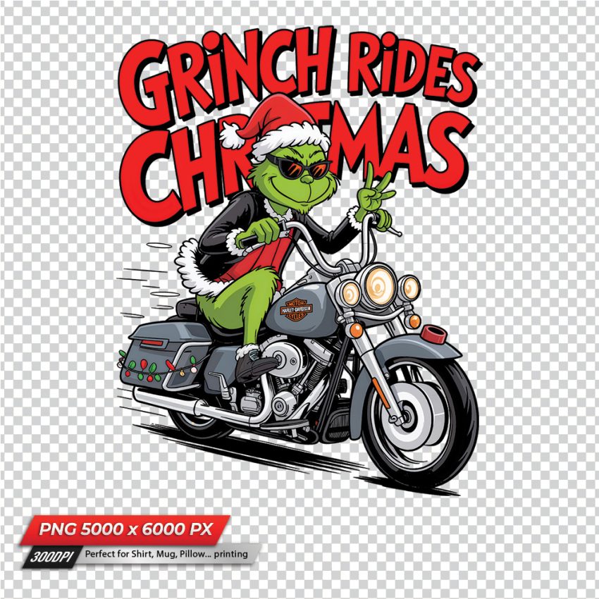 Grinch Ride Harley Davidson to the Christmas sublimation PNG