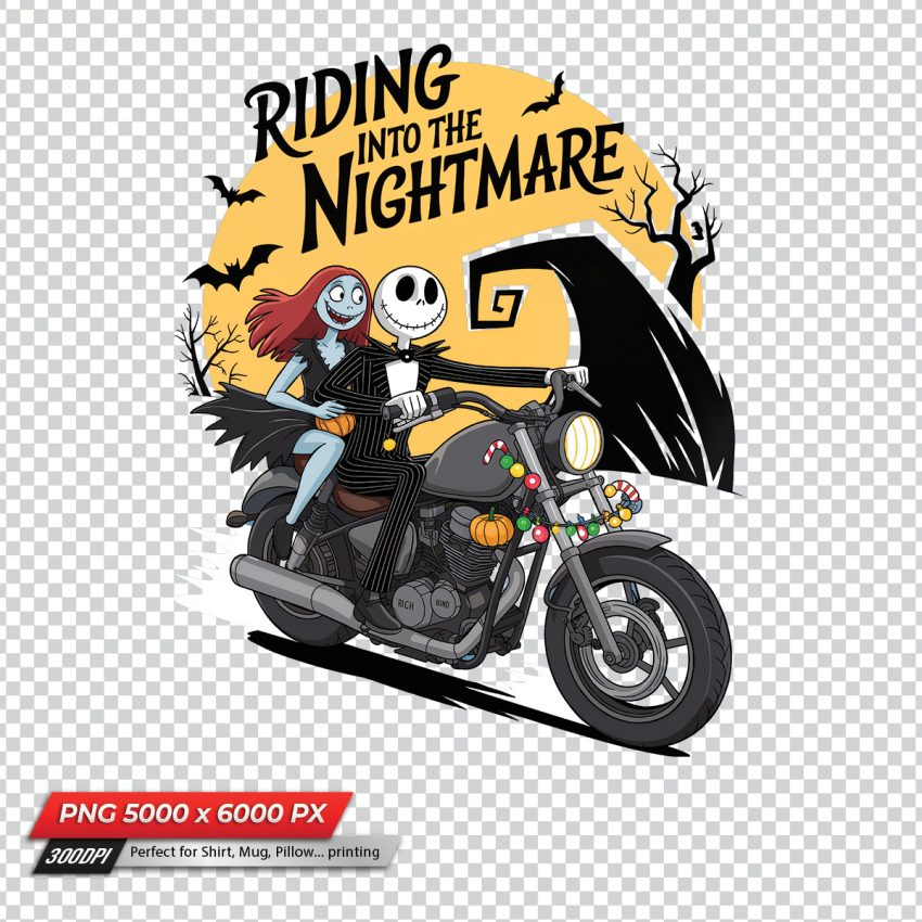 Jack Skellington and Sally from The Nightmare Before Christmas riding a Black Rebel Sublimation PNG
