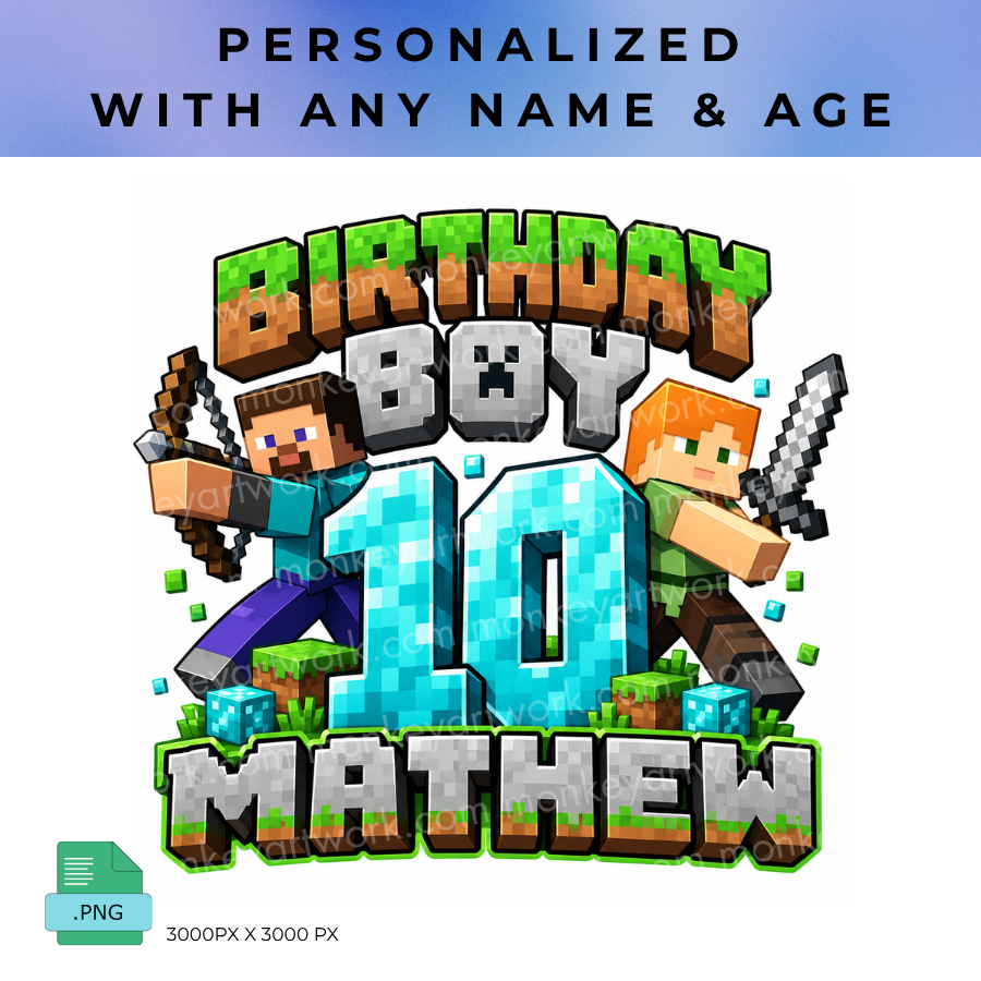 Personalized Minercaft Birthday PNG, Custom Name and Age Gammer Birthday Design, Minercaft Birthday Gammer Shirt Print, Digital Download