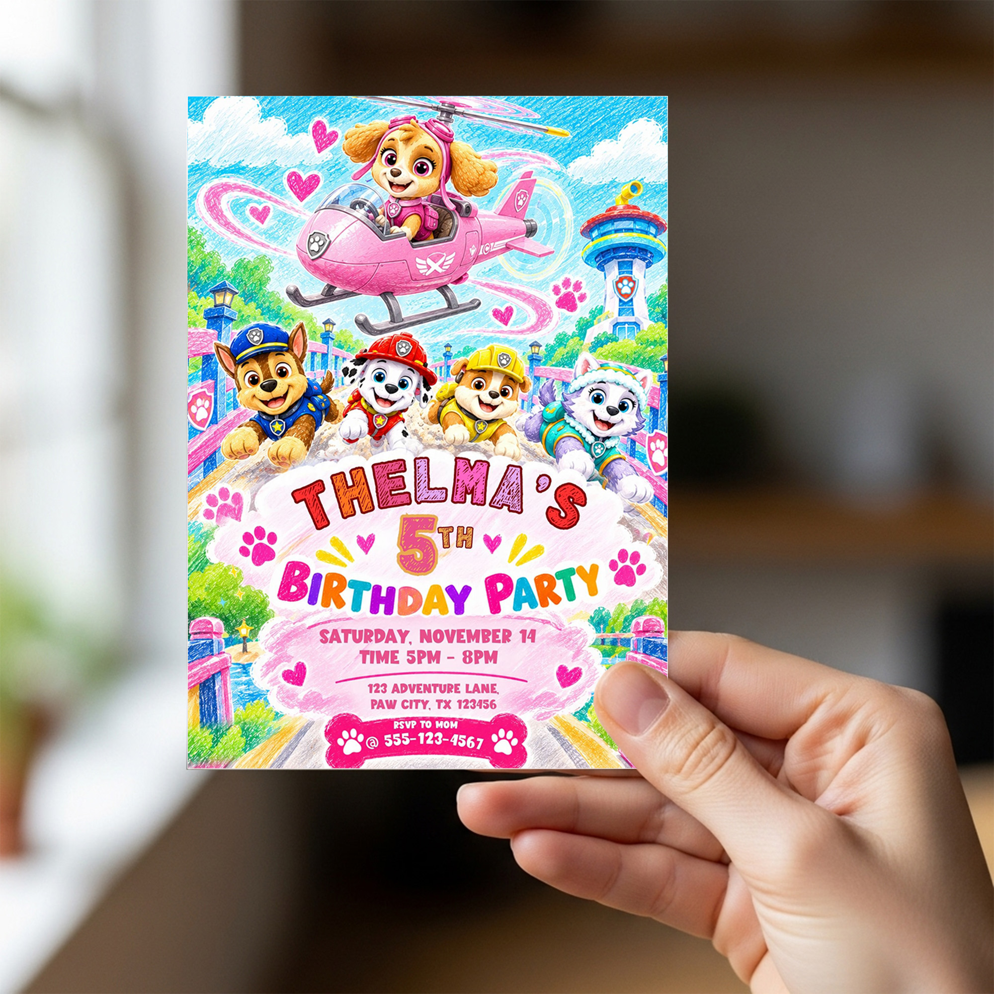Skye Paw Patrol Birthday Invitation Template Crayon Style | Editable Canva | Instant Download - Image 3