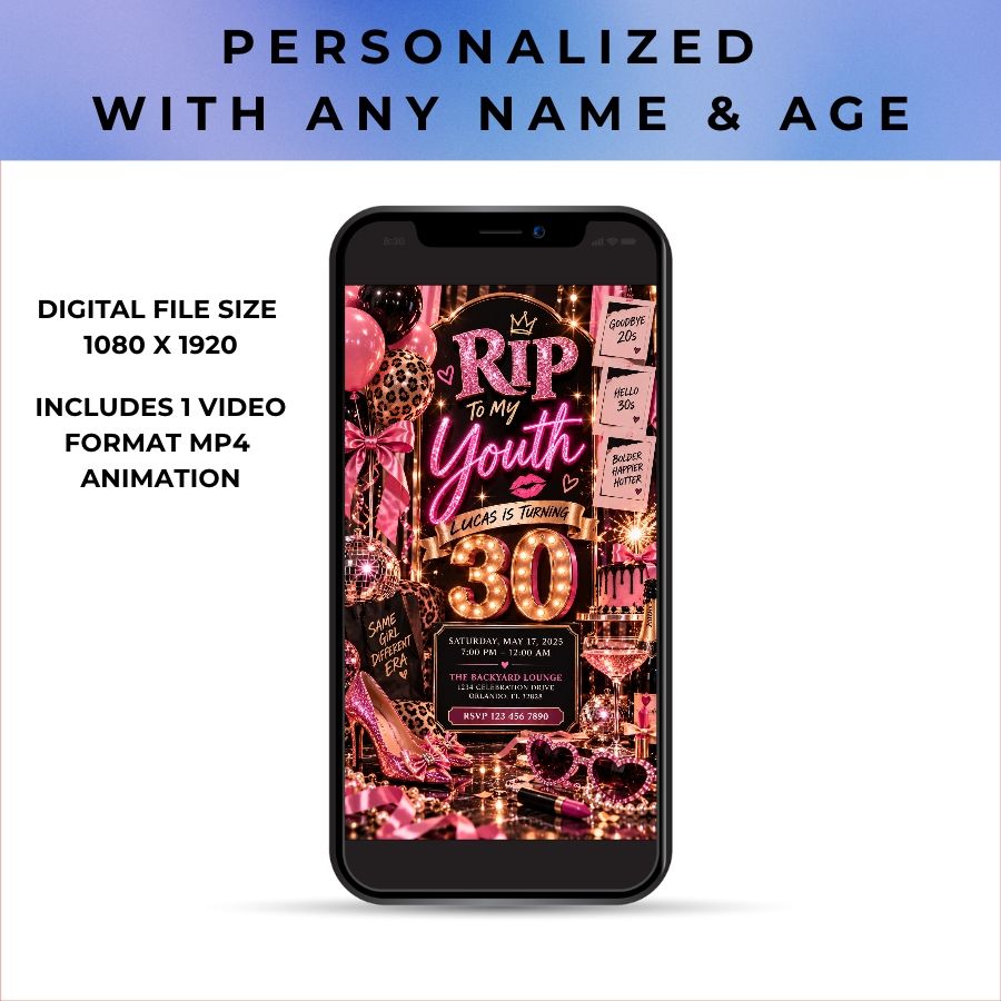 Personalized RIP To My Youth 30th Birthday Girl Invitation & Animated Video | Death to My 20s Digital Evite