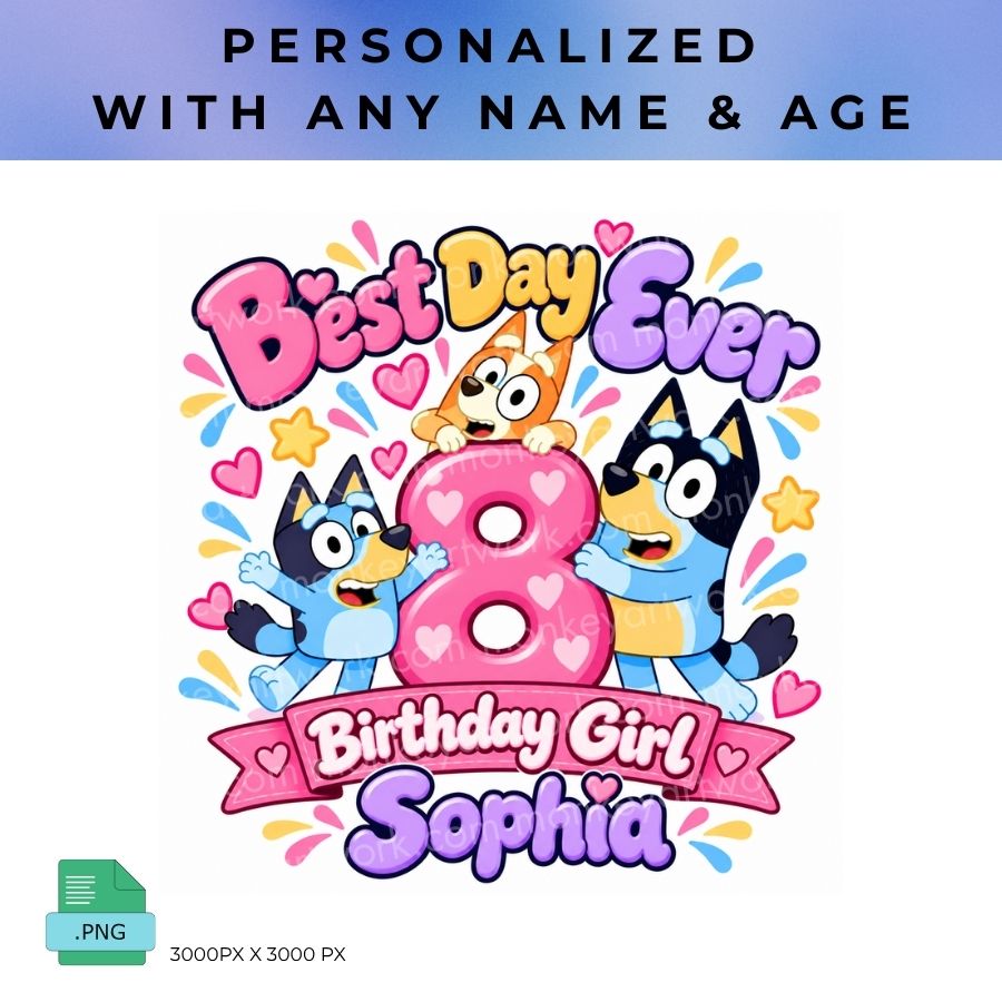 Personalized Bluey Birthday PNG, Custom Name and Age Birthday Design, Bluey Birthday Shirt Print, Digital Download