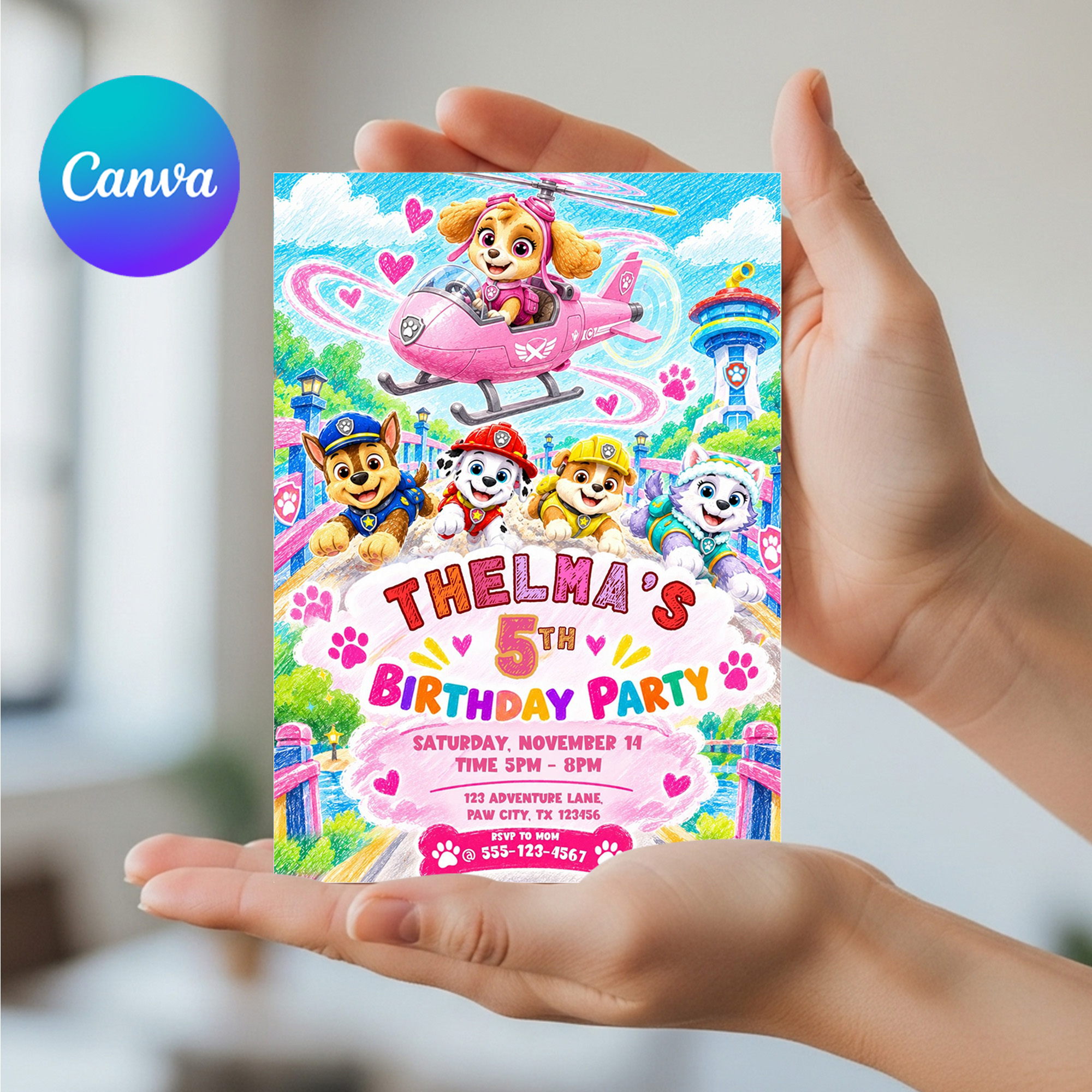 Skye Paw Patrol Birthday Invitation Template Crayon Style | Editable Canva | Instant Download