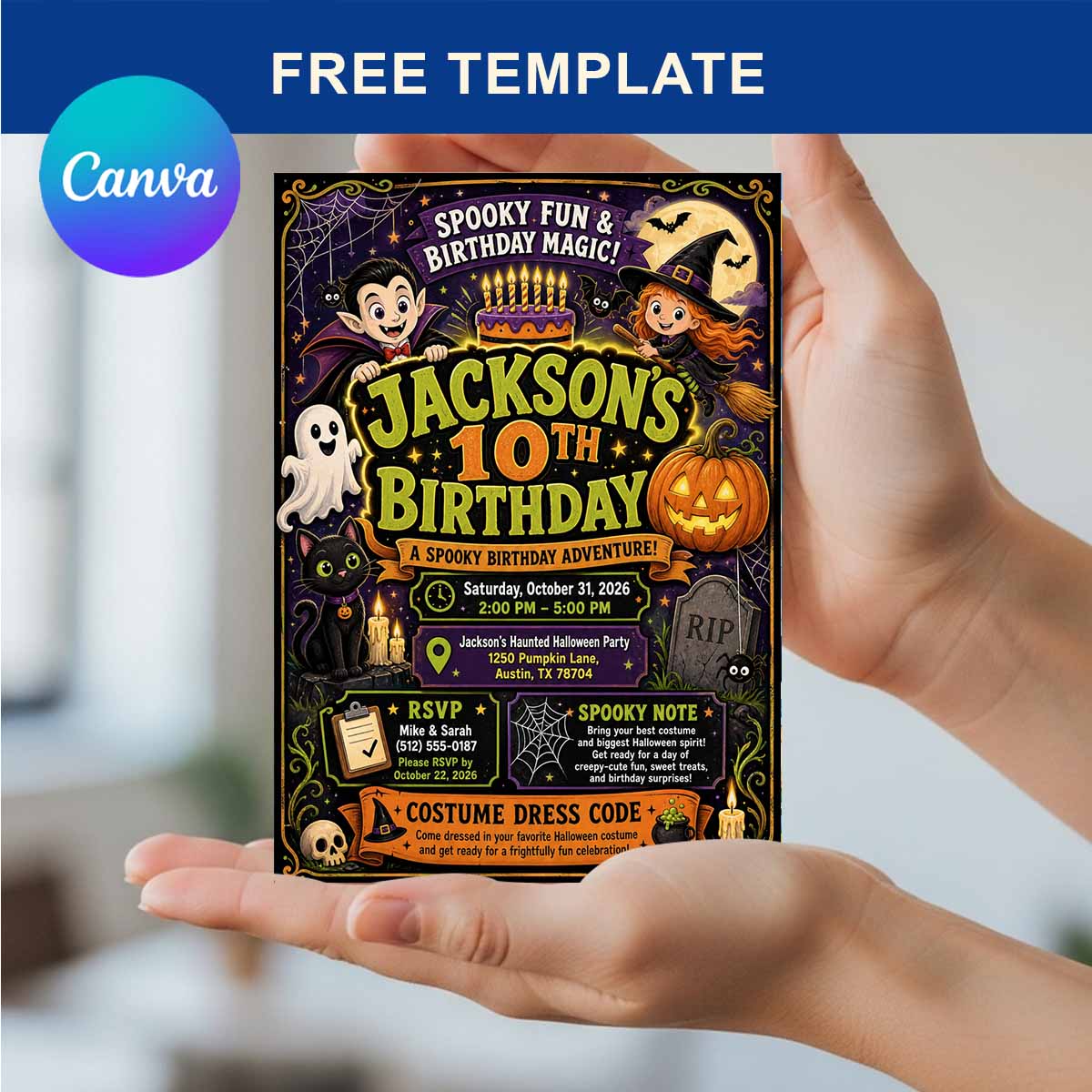 Halloween Birthday Invitation Template | Editable Canva | Instant Download