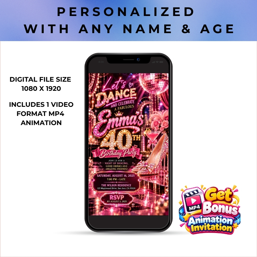 Personalized 40th Birthday Dance Party Invitation & Animated Video | Pink Glam Diamond Shoe Digital Evite