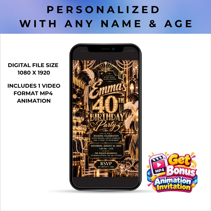 Personalized 40th Birthday Great Gatsby Invitation & Animated Video | Roaring 20s Black and Gold Digital Evite