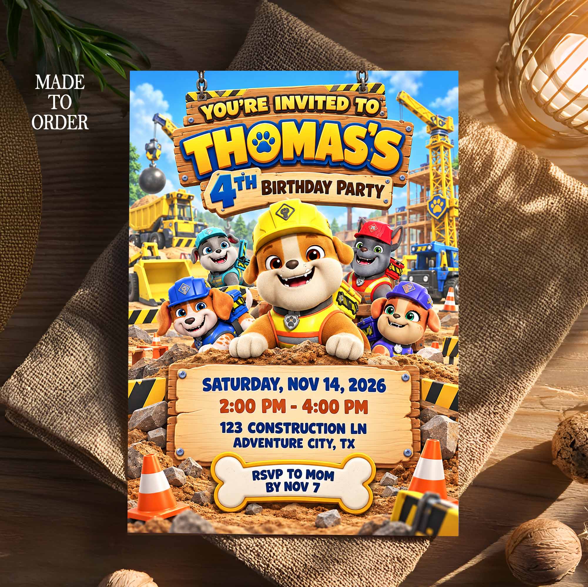Personalized Rubble Crew Construction Birthday Invitation | Custom Rubble Crew Construction Birthday Invite