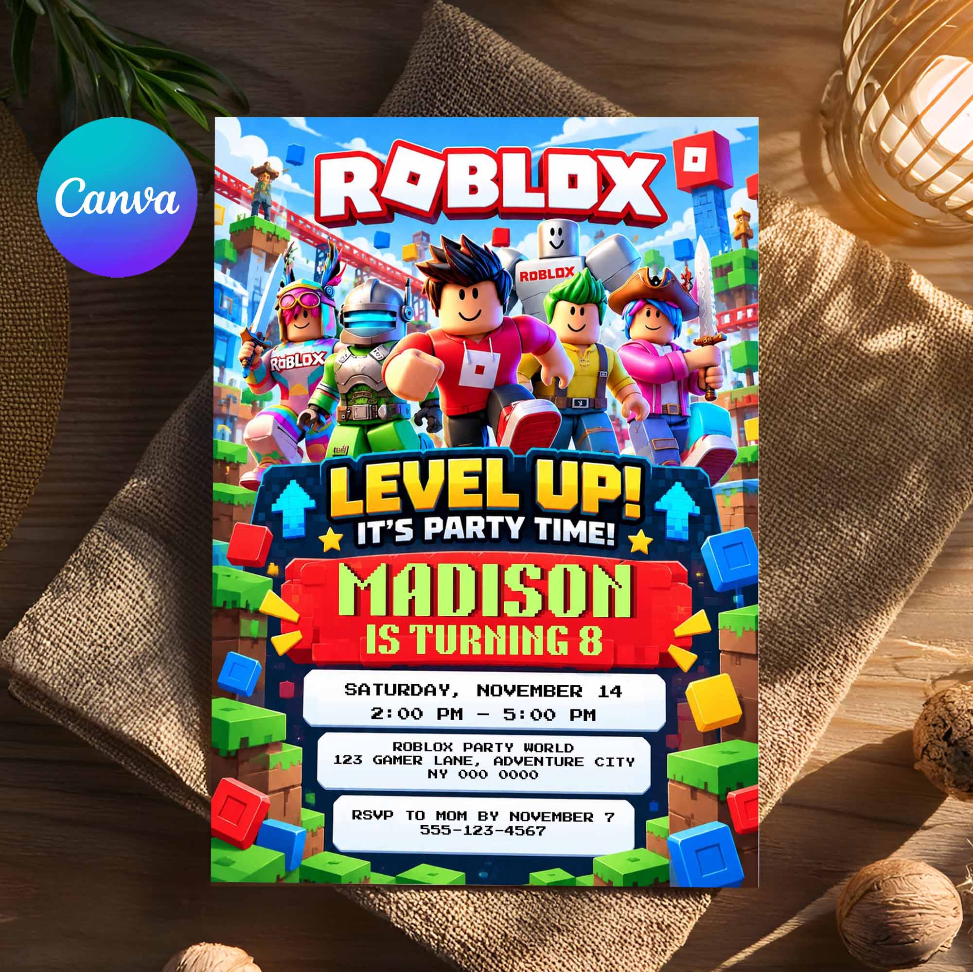 Roblox Birthday Invitation Canva Editable Instant Download