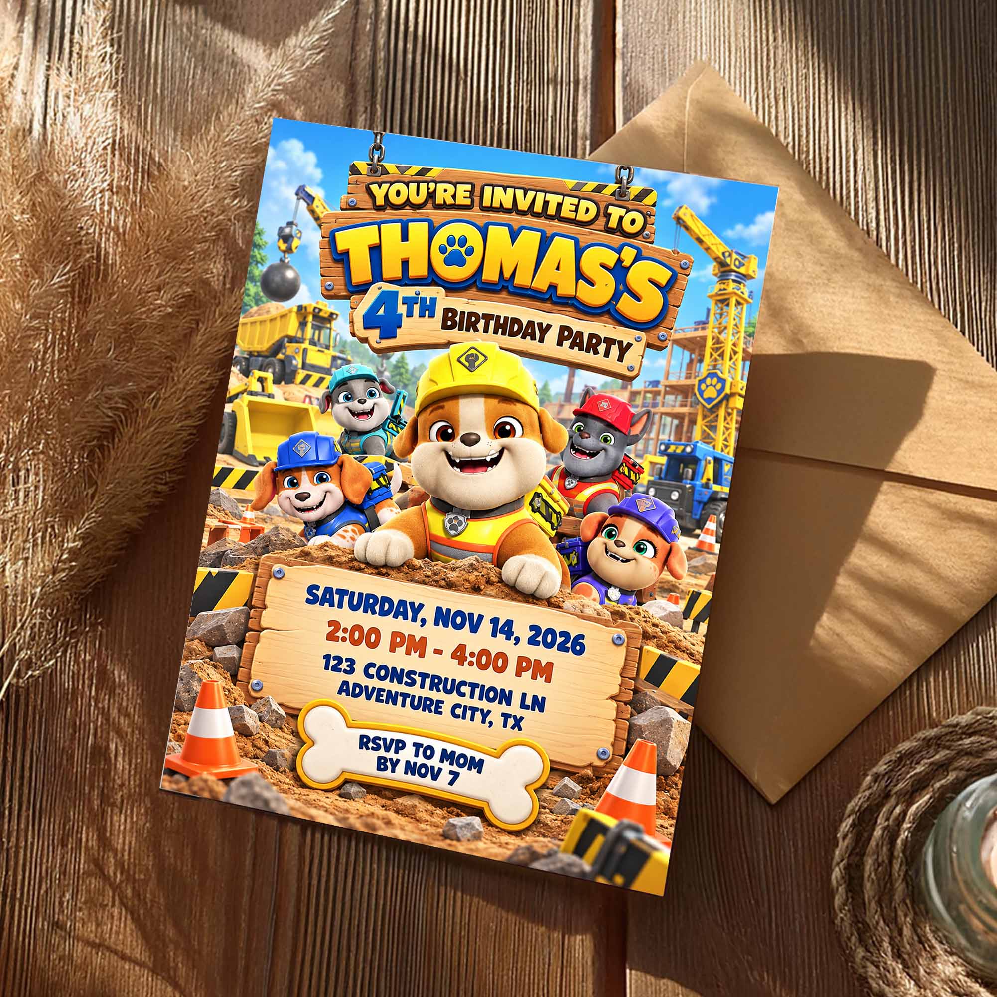 Personalized Rubble Crew Construction Birthday Invitation | Custom Rubble Crew Construction Birthday Invite - Image 3