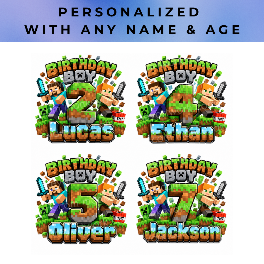 Personalized Minercaft Birthday PNG, Custom Name and Age Birthday Design, Minercaft Birthday Boy Shirt Print, Digital Download - Image 2