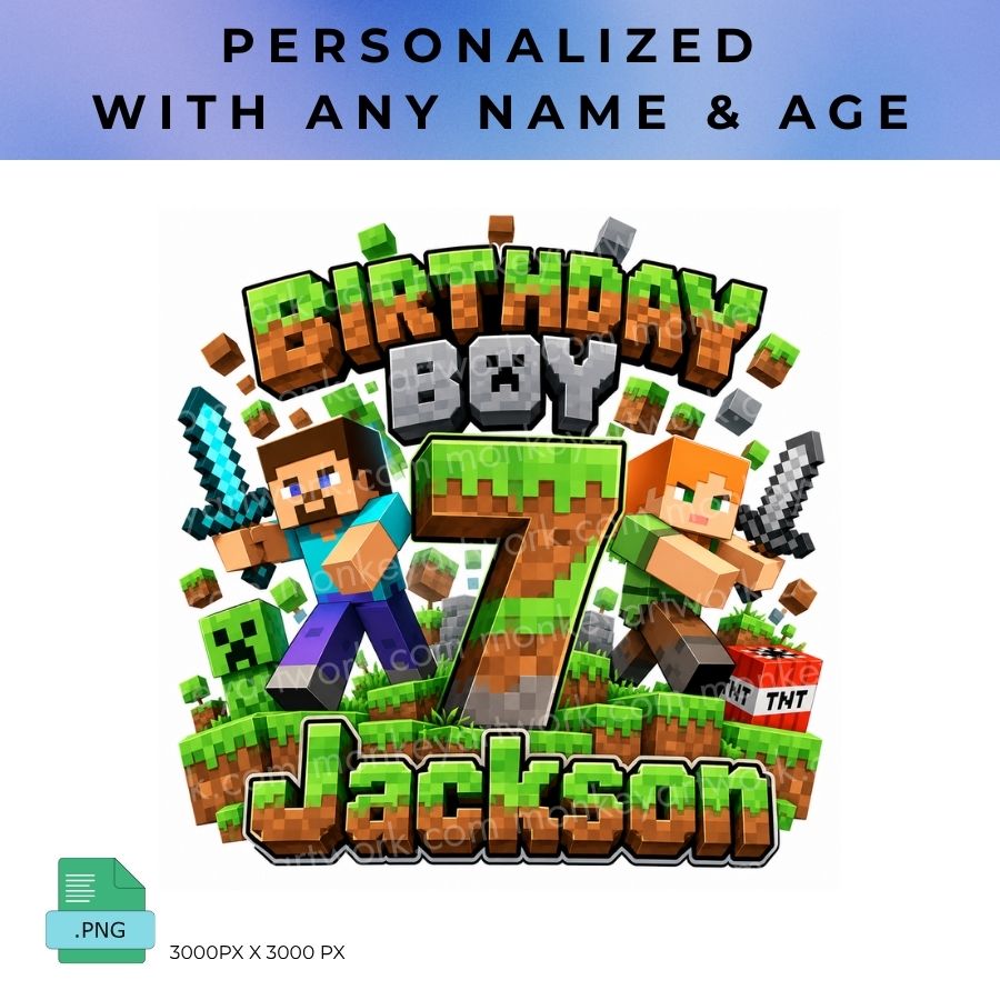 Personalized Minercaft Birthday PNG, Custom Name and Age Birthday Design, Minercaft Birthday Boy Shirt Print, Digital Download